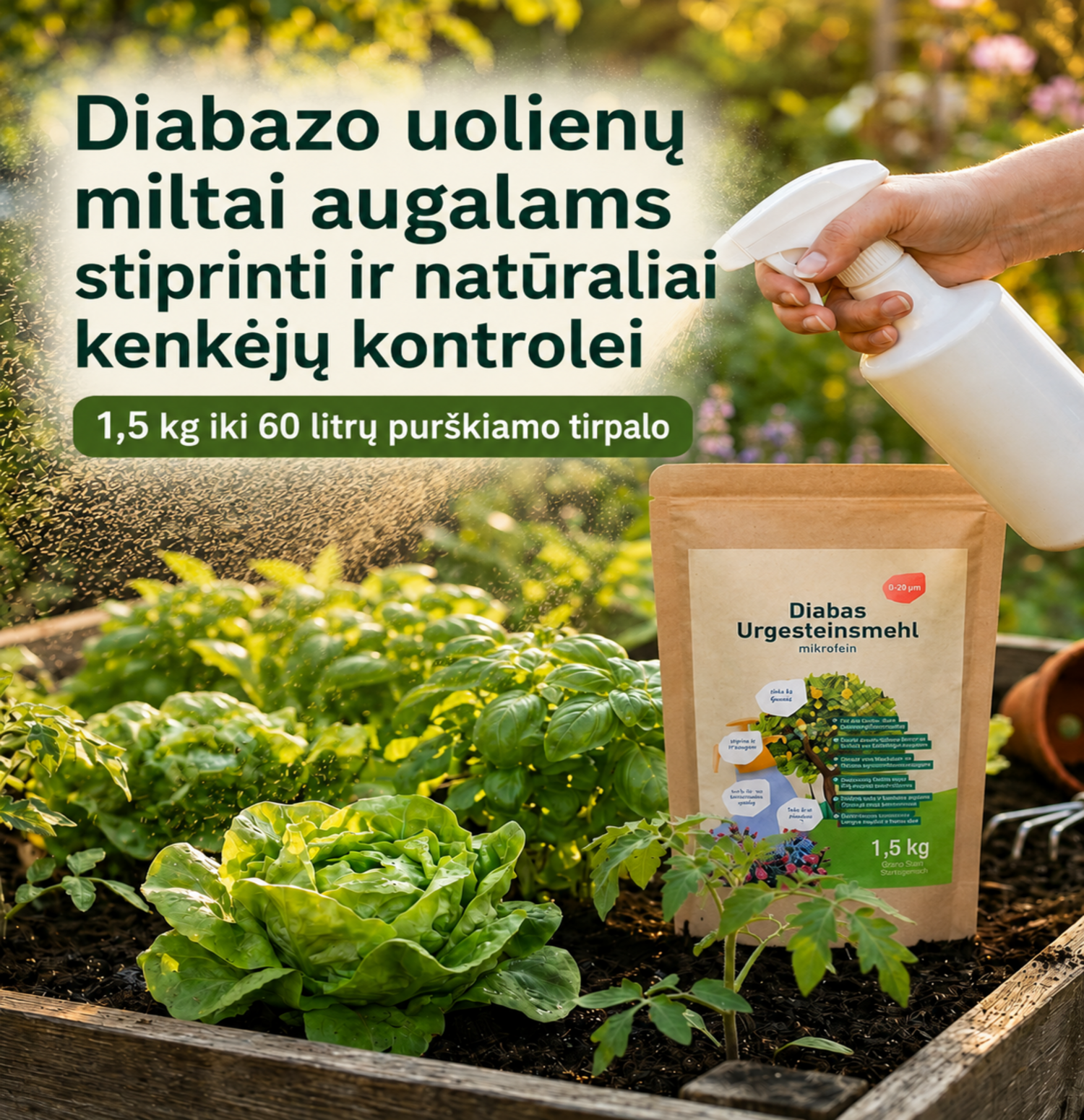 Diabazo uolienų miltai 0-20 , ekologinė kenkėjų kontrolė, 1,5kg